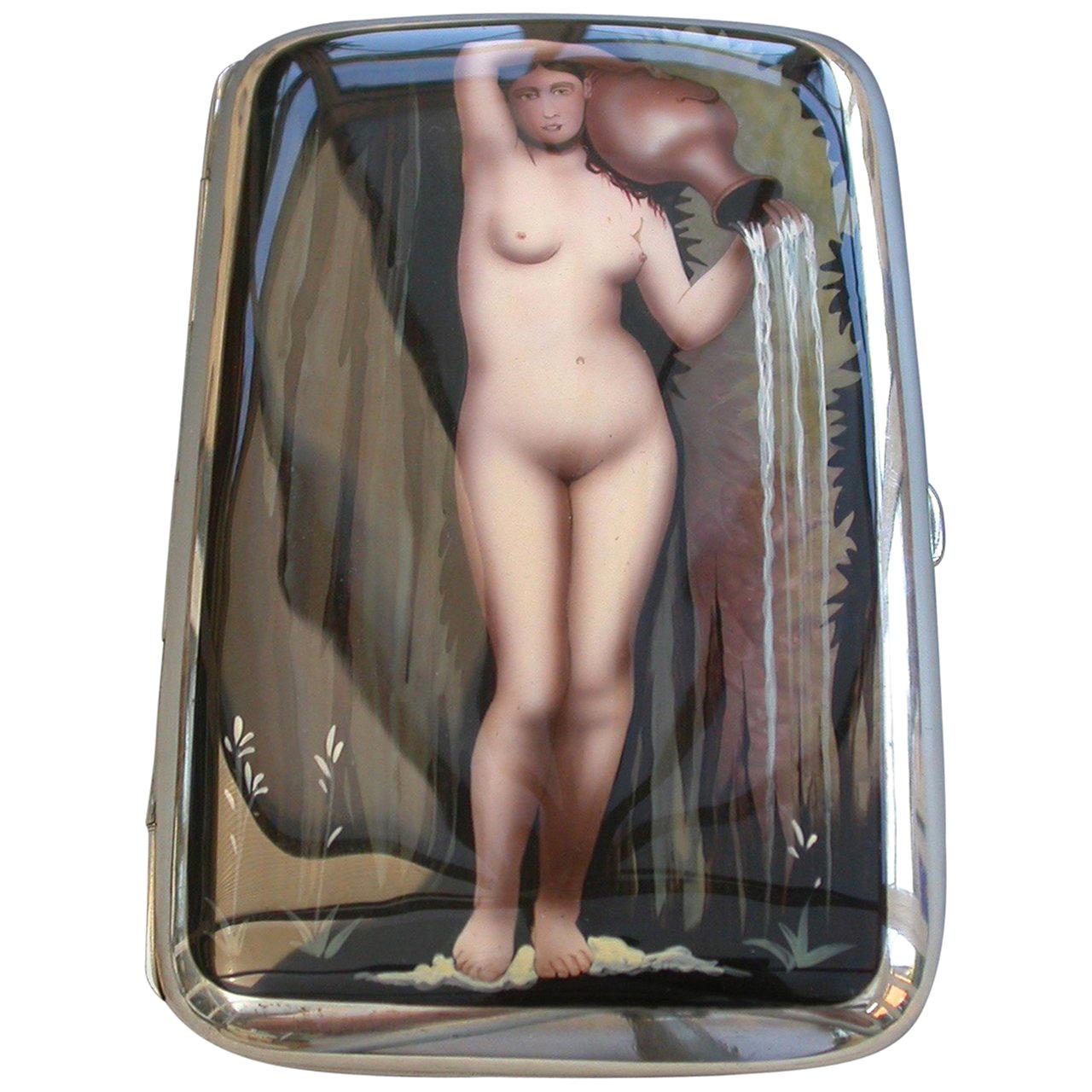 Art Deco Silver and Enamel Cigar Case Naked Lady by Walker & Hall Sheffield 1916 For Sale