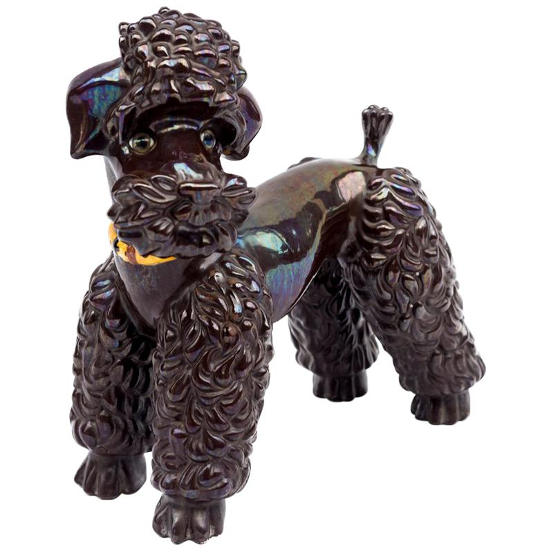 Iridescent Brown Earthenware Poodle Sculpture, 1940s