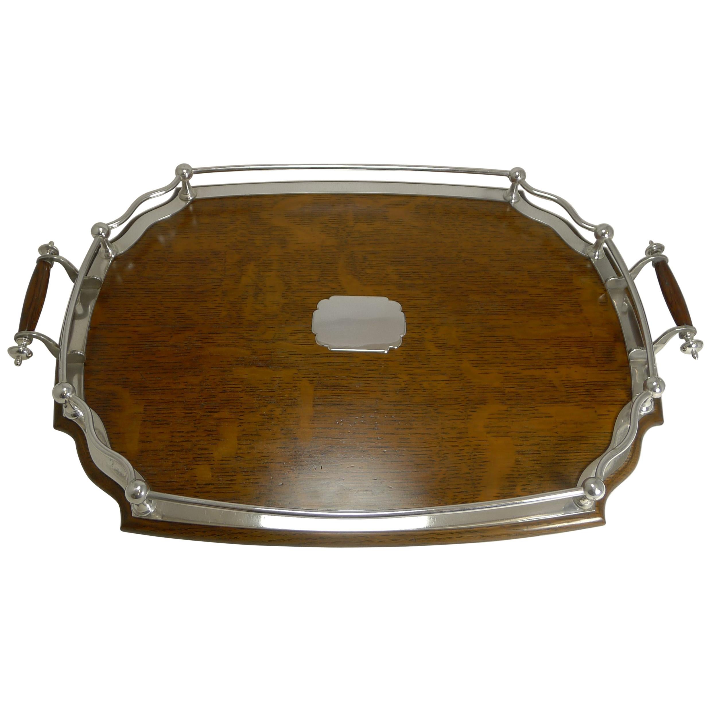 Antique English Oak and Silver Plate Drinks / Cocktail Tray, circa 1900