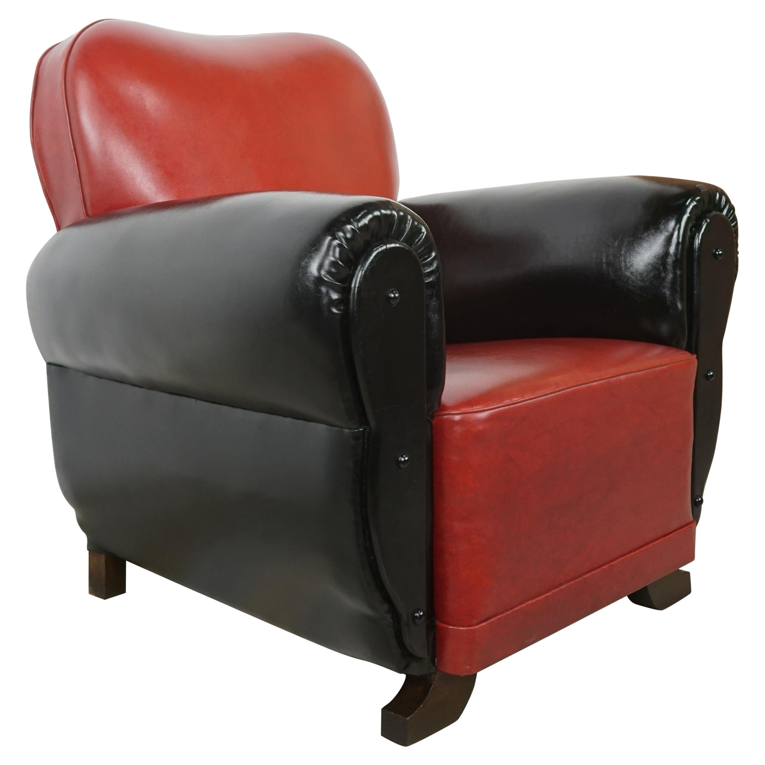 French Art Deco Red and Black Faux Leather Club Armchair