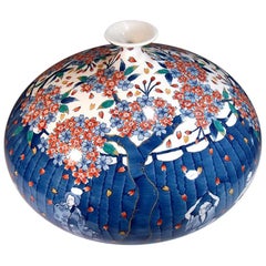 Large Contemporary Japanese Red Blue Decorative Porcelain Vase by Master Artist