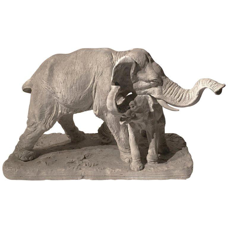 Early 20th Century Plaster Sculpture Depicting an Elephant with its Offspring