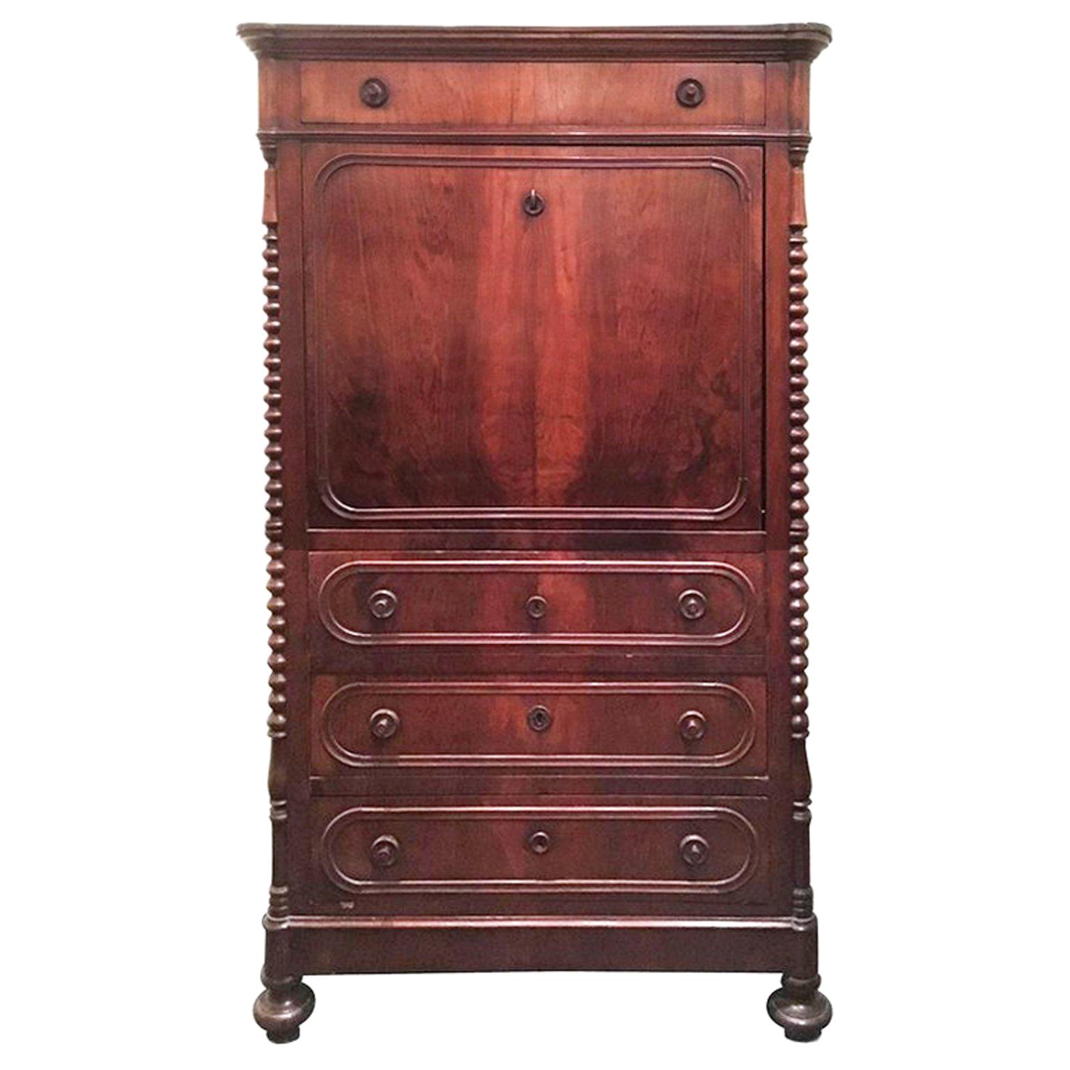 Late 19th Century Italian Louis Philippe Writing Cabinet in Solid Walnut Wood For Sale