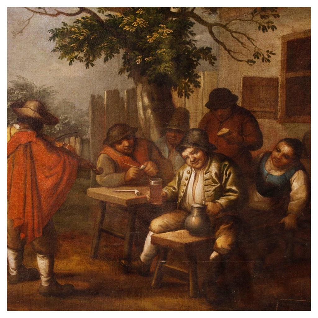 18th Century Oil on Canvas Flemish Painting Popular Scene with Characters, 1780