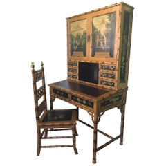 Used Hand Painted Asian Chinoiserie Secretary Desk and Chair