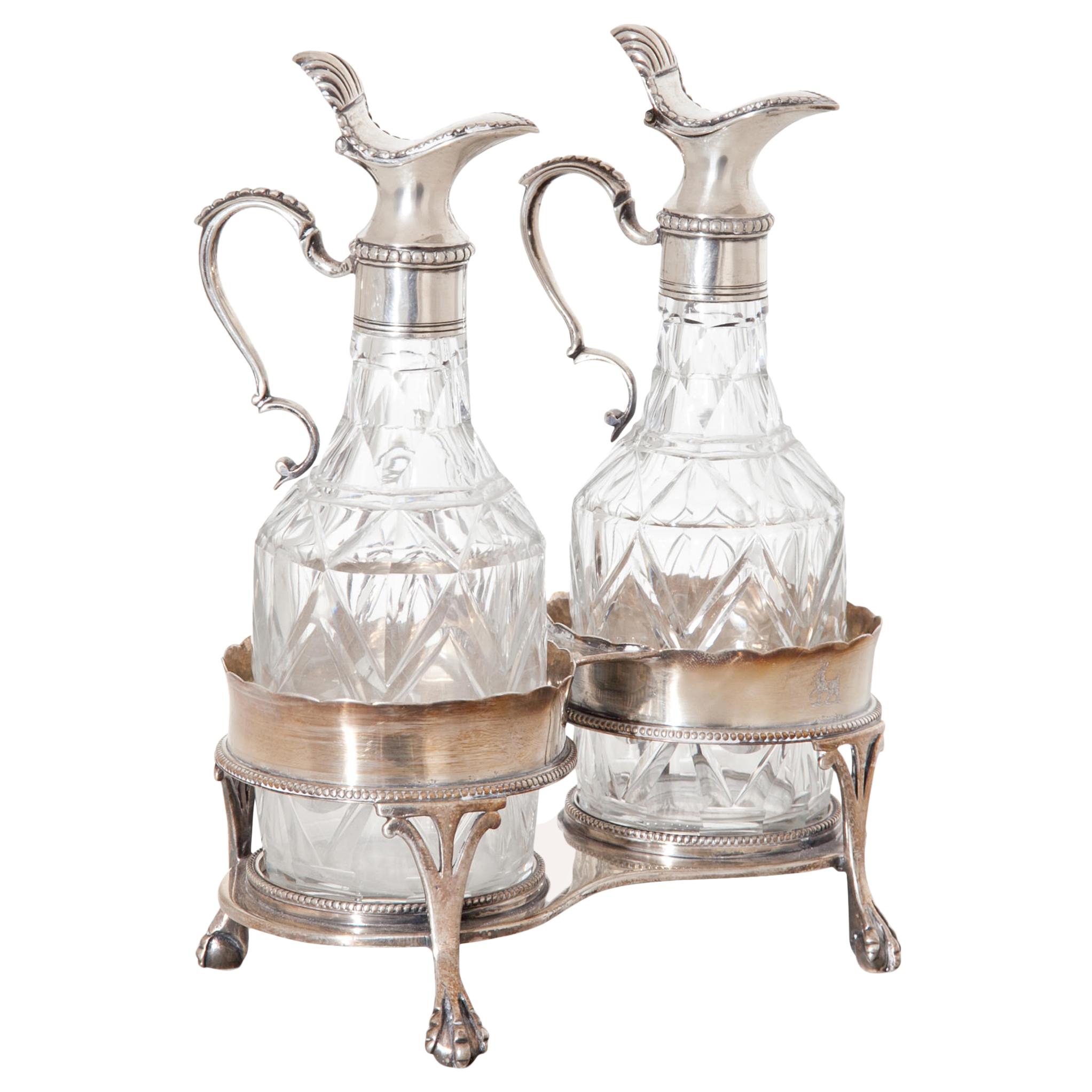 Menagerie for Oil and Vinegar, Silver and Glass, England, circa 1770 For Sale