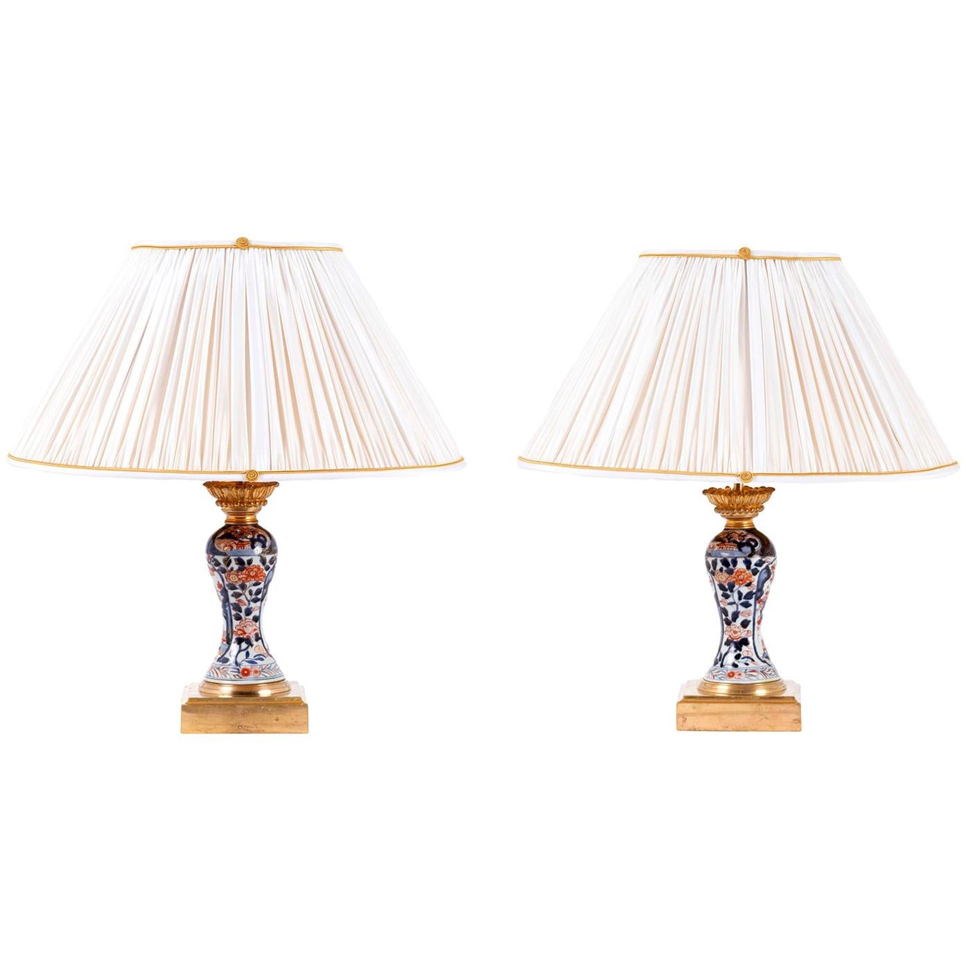 Pair of Porcelain Lamps with Imari Decor, Late 19th Century For Sale