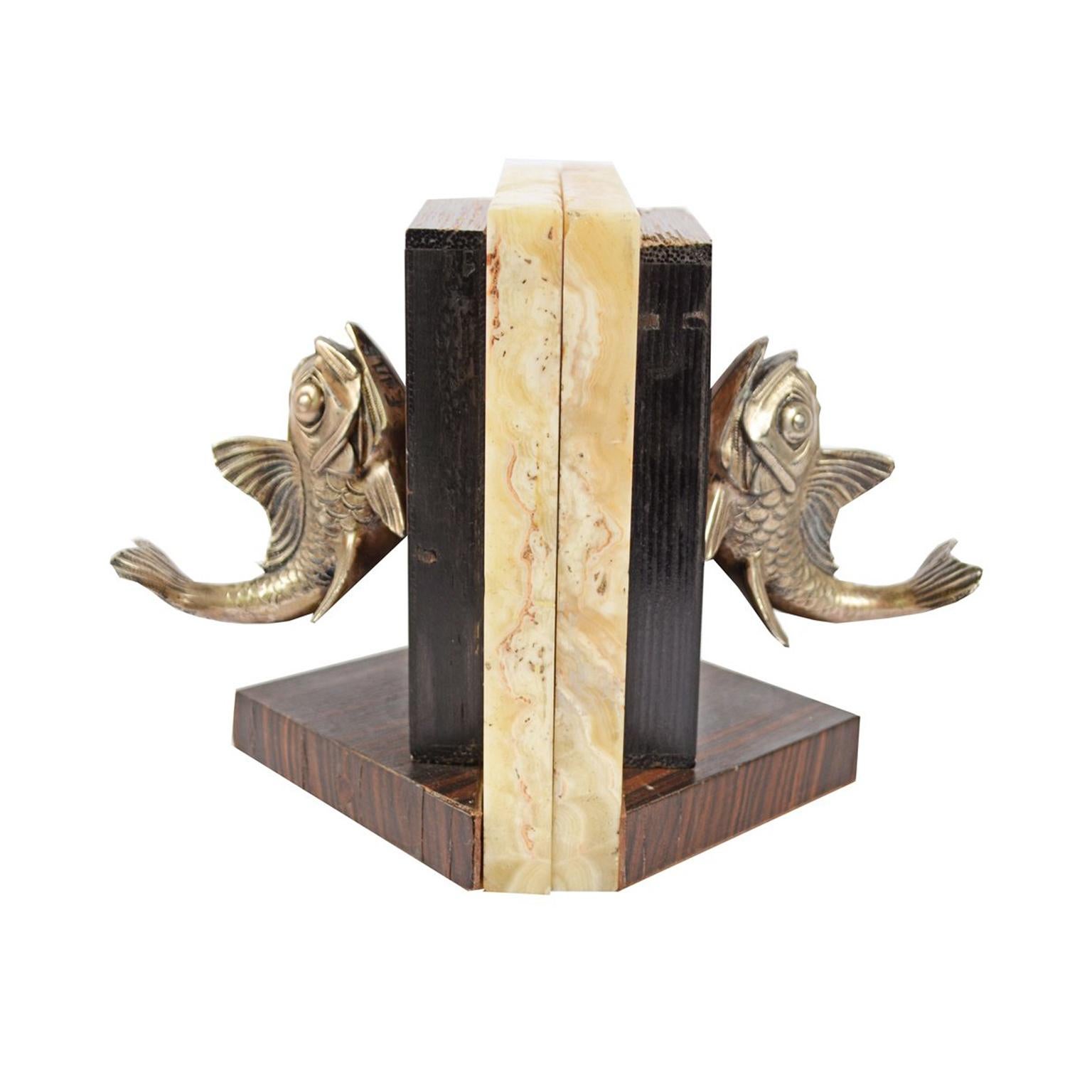 Pair of Bookends with Two Carps Made of Marble, Antimony and Wood France 1930s