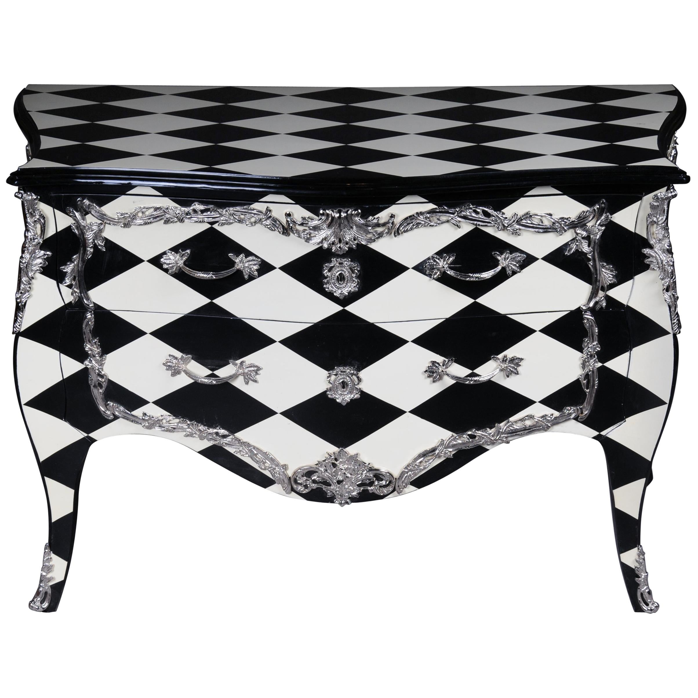 Designer Commode in Louis XV, Chessboard Pattern, Black and White