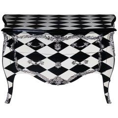 Vintage Designer Commode in Louis XV, Chessboard Pattern, Black and White