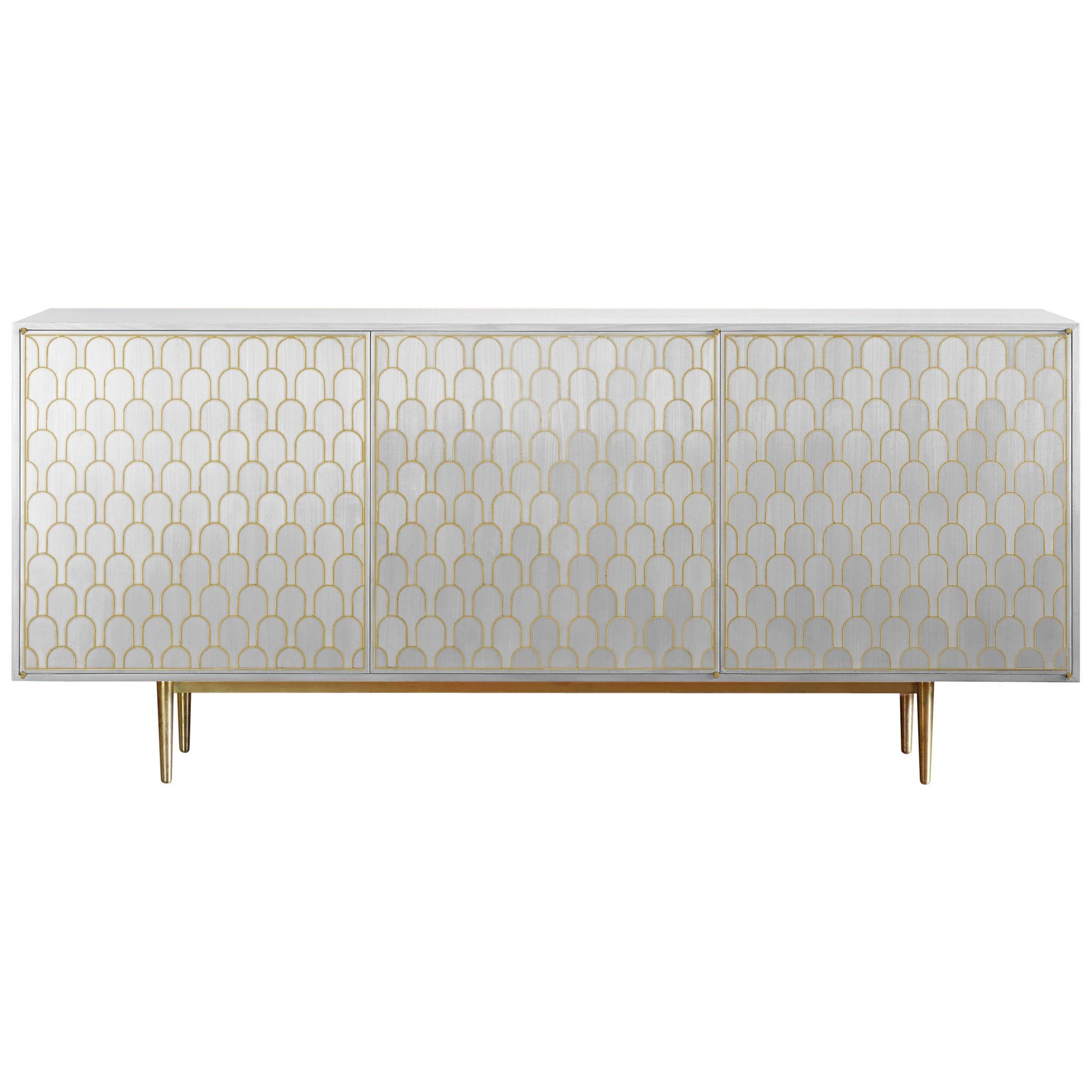 Bethan Gray • Nizwa Three Door Cabinet in White and Brass For Sale