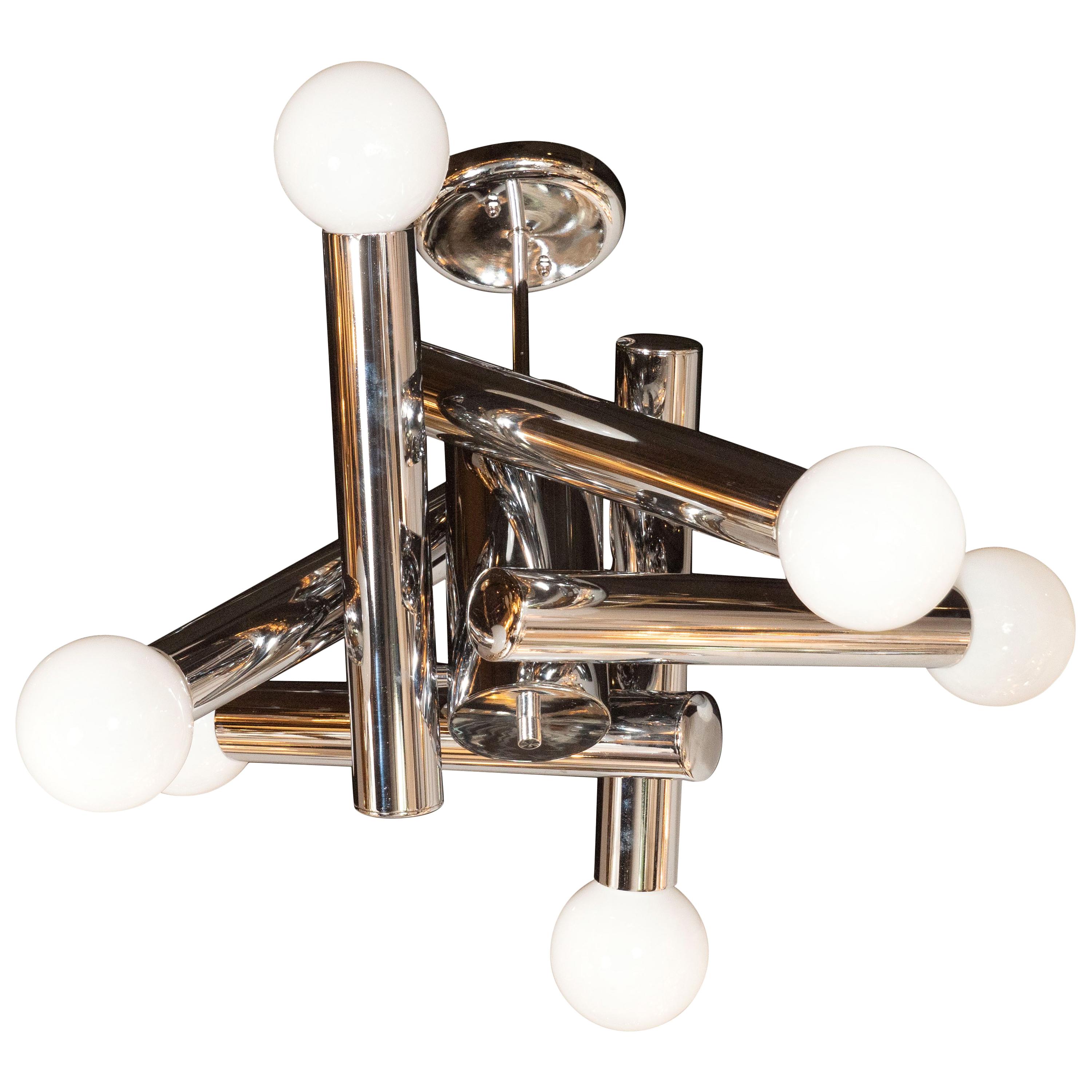 Midcentury Modern Sculptural Chandelier in Chrome and Frosted Glass by Sciolari