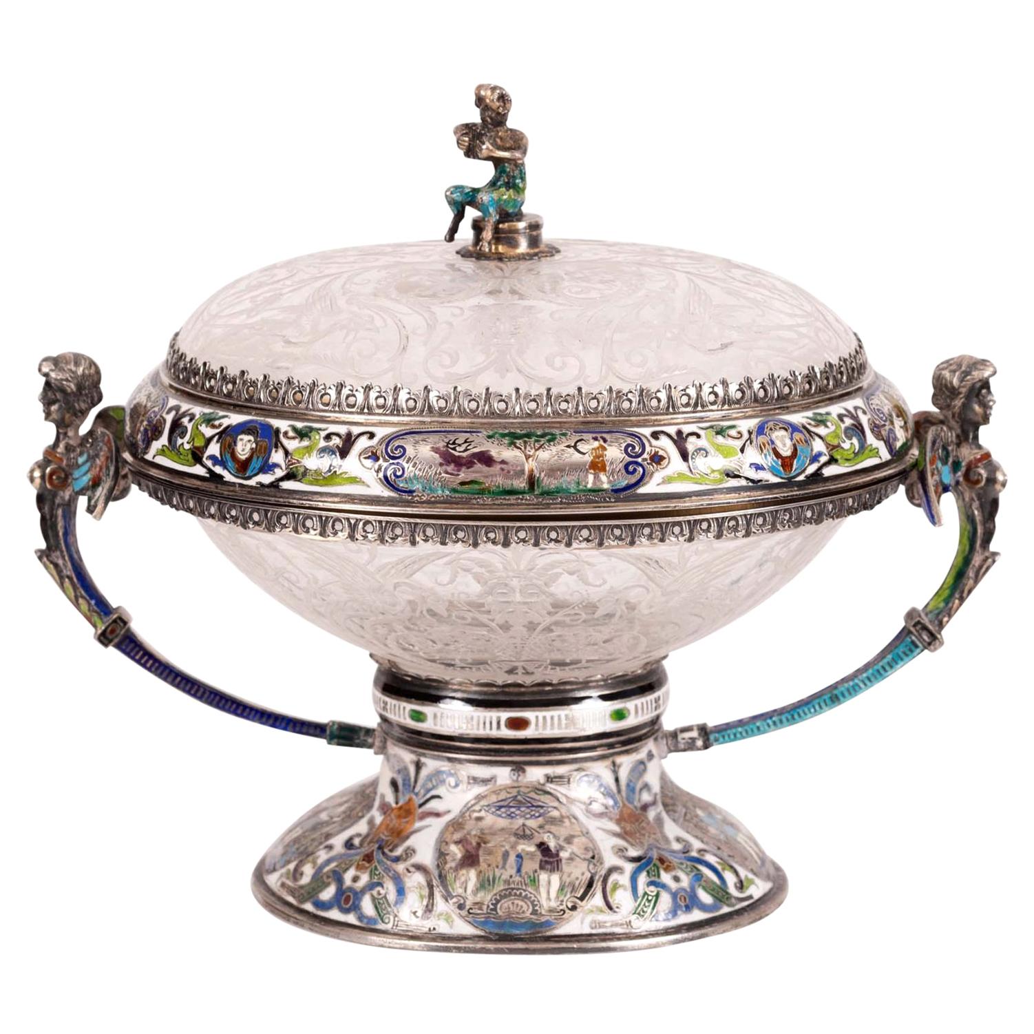 Viennese Enameled Silver and Rock Crystal Coupe and Cover by Herman Bohm For Sale