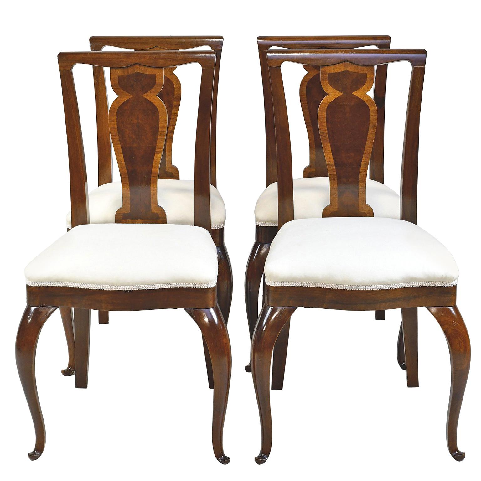 Set of 4 Mahogany and Walnut French Art Deco Dining Chairs, circa 1910-1920