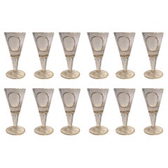 Set of 12 Crystal Fluted Wine Goblets with Gilt Rim and Detail