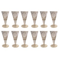 Antique Set of 12 Crystal Fluted Wine Goblets with Gilt Rim and Detail