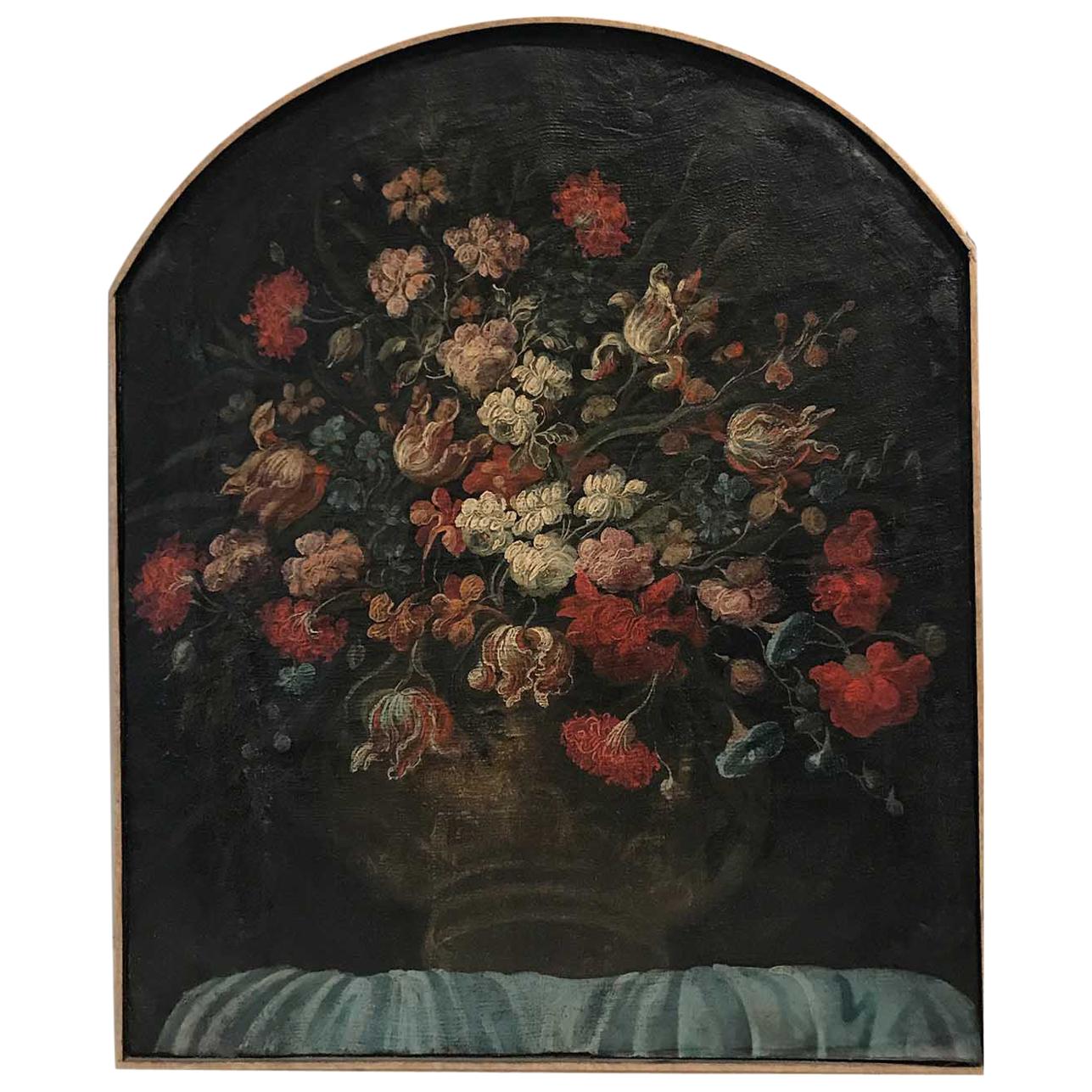 Floral Still Life Oil Painting with Arch Top in Wood Frame For Sale