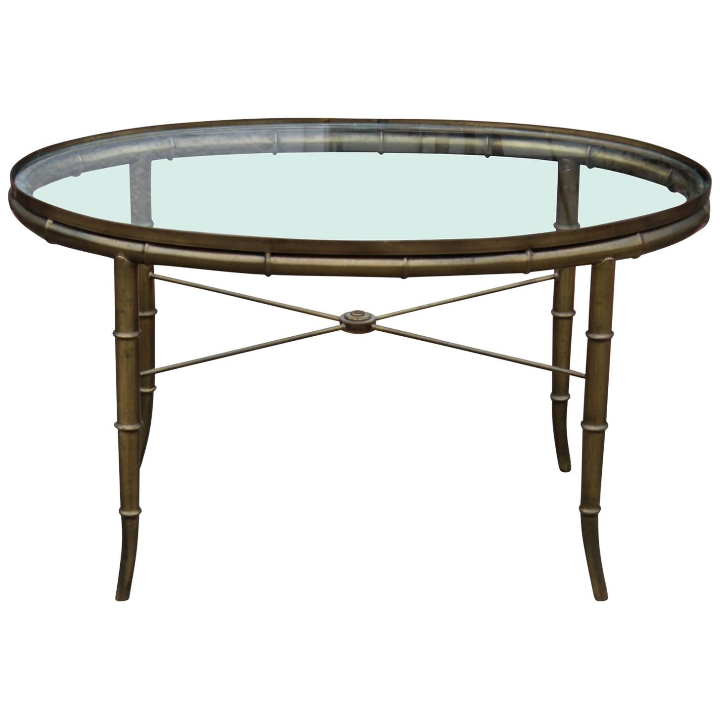 Hollywood Regency Italian Brass and Glass Oval Faux Bamboo Coffee Table