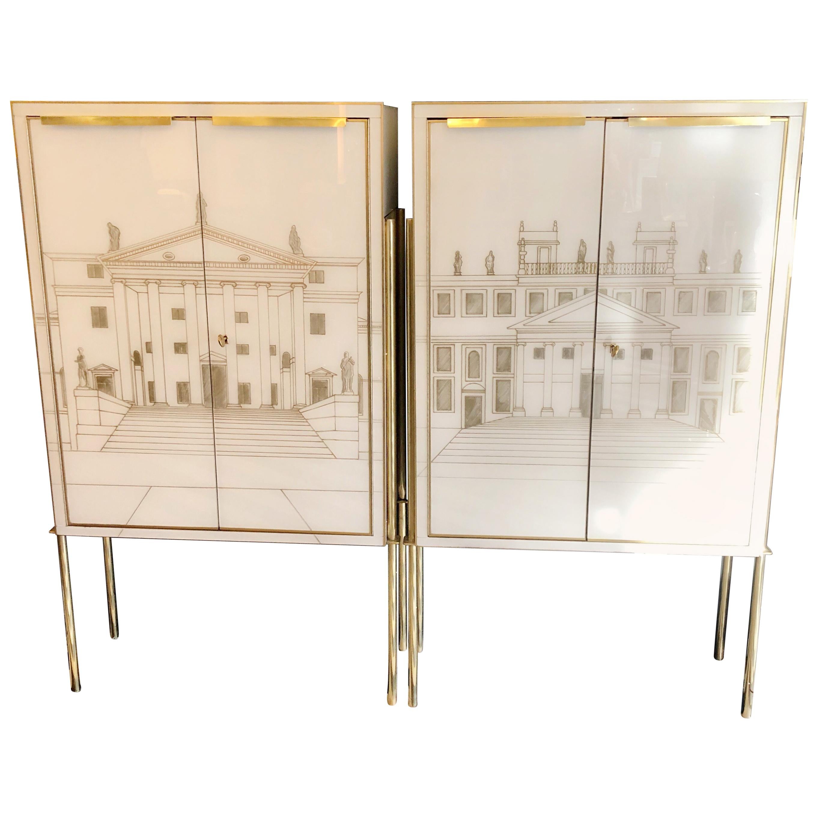 Pair of Murano Italian Glass and Hand Painted Cabinets with Brass Detailing