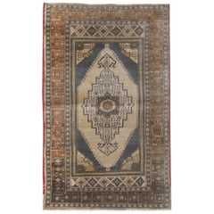 Camel, Ivory and Blue Handmade Wool Turkish Old Anatolian Konya Rug
