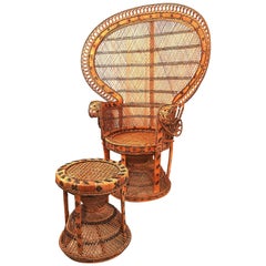 Retro Large Wicker Cane Peacock "Emmanuelle" Chair with It's Matching Stool