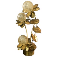 Vintage Maison Jansen Lotus Flower Lamp with Engraved Glass Spheres, 1970s