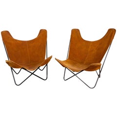 Pair of Hardoy Butterfly Chairs in Tobacco Suede