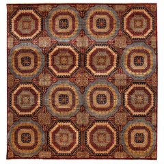 Red and Blue Contemporary Handmade Wool Turkish Oushak Rug