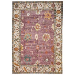 Pink and Ivory Contemporary Handmade Wool Turkish Oushak Rug