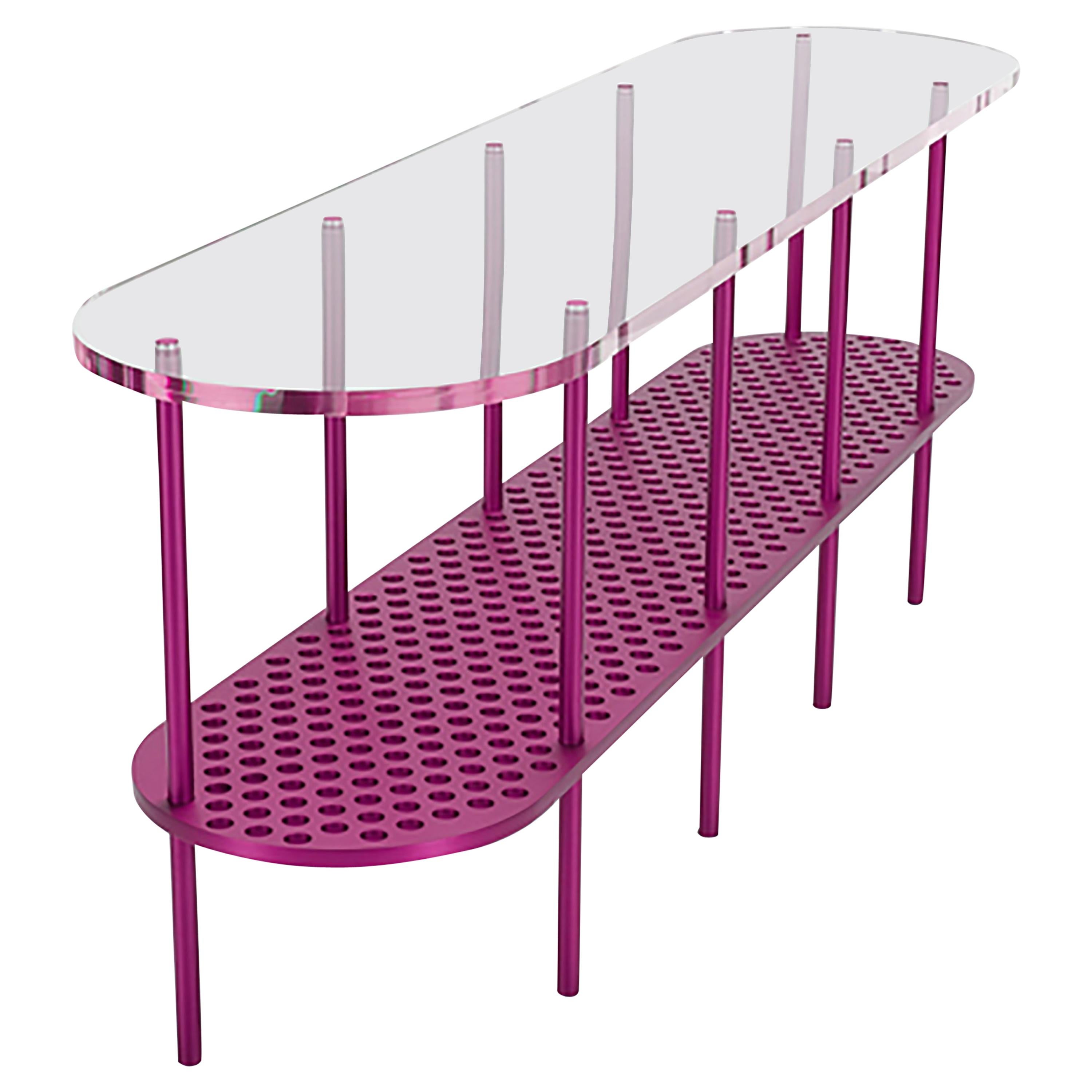 Miami Console in Pink Anodized Aluminum and Polished Acrylic by Jonathan Nesci For Sale