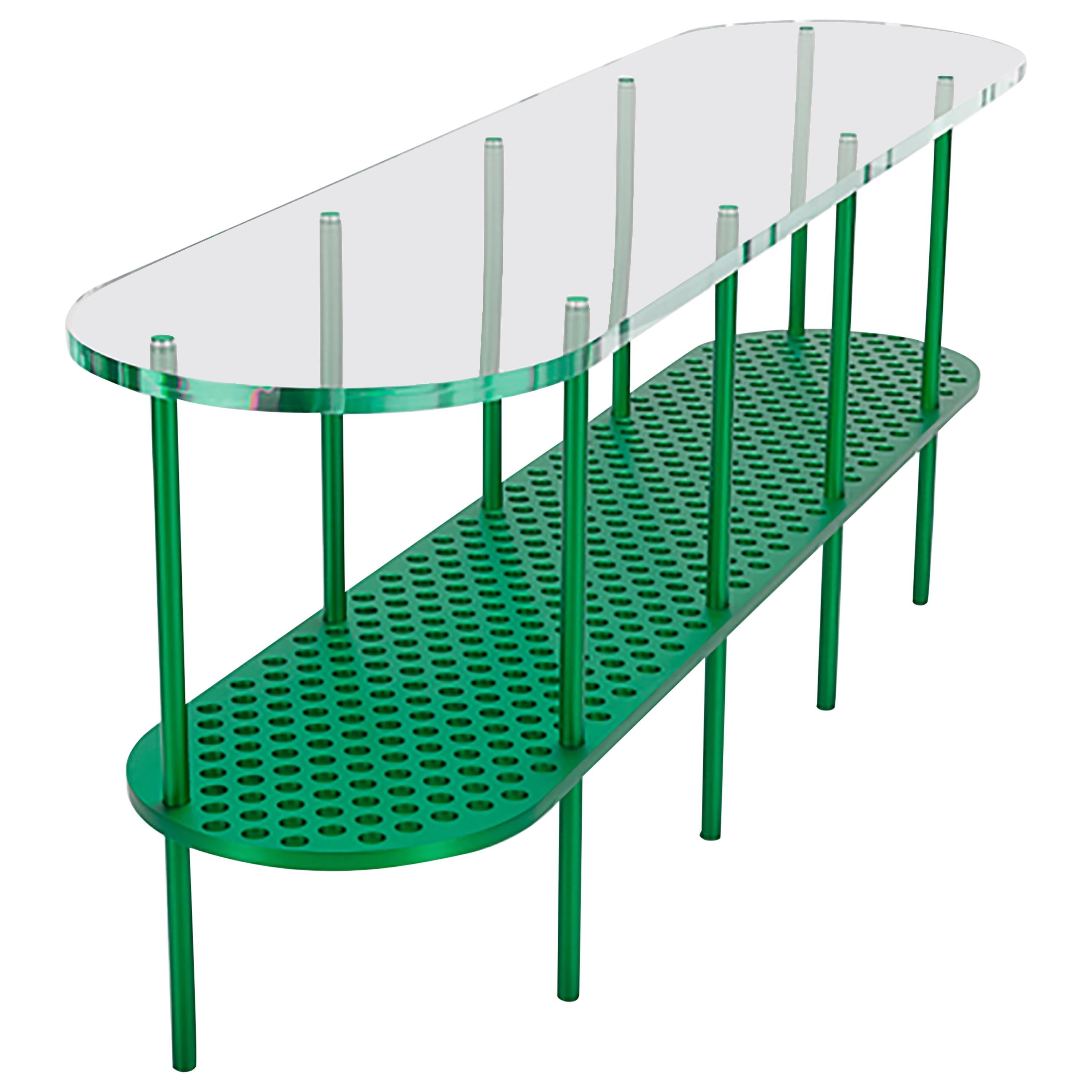Miami Console in Green Anodized Aluminum and Polished Acrylic by Jonathan Nesci For Sale