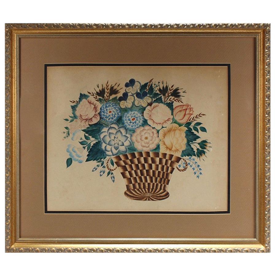 Antique American Folk Art Watercolor Theorem Drawing of a Basket with Flowers