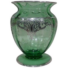 American Wheeled Cut Green Glass Vase with Silver Overlay, circa 1920s