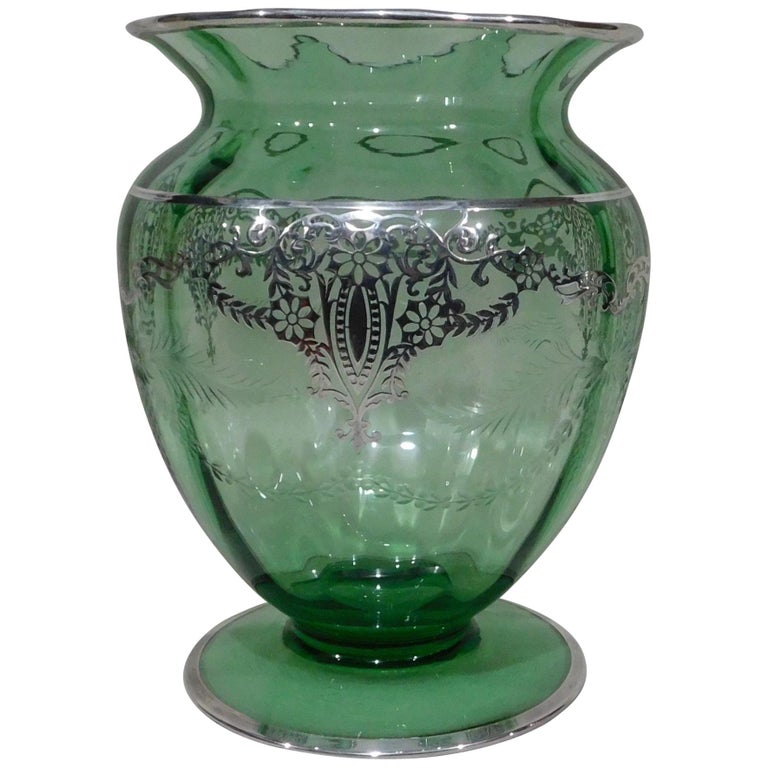 American Wheeled Cut Green Glass Vase With Silver Overlay Circa