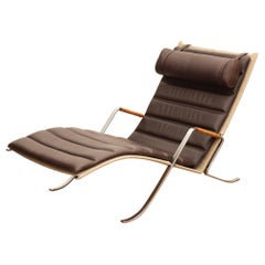 FK-87 Brown Leather and Chromed Steel Grasshopper Chair/Chaise