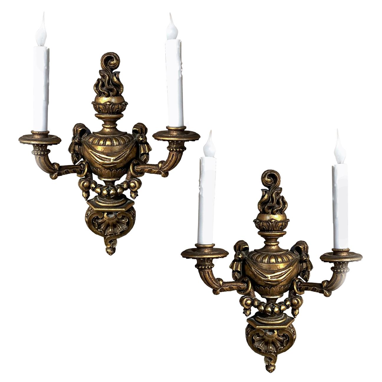 Pair of Italian Hand Carved Louis XVI Giltwood Sconces For Sale