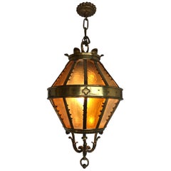 Large Gothic Revival Bronze and Two Tone Amber Glass Angular Pendant Lantern