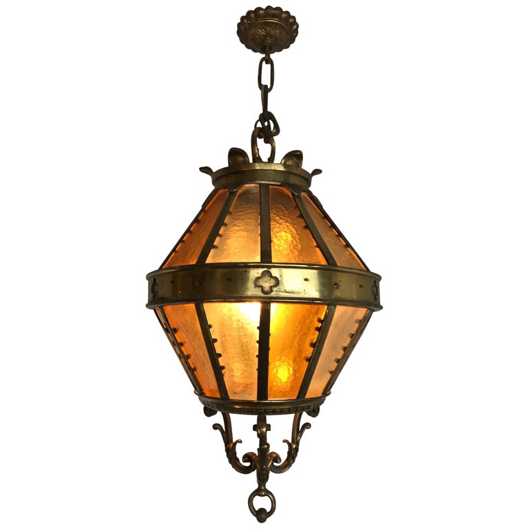 Large Gothic Revival Bronze And Two Tone Amber Glass Angular Lantern Pendant