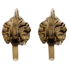 20th Century Gold Italian Pair of Murano Glass Wall Sconces, Leaf Lights