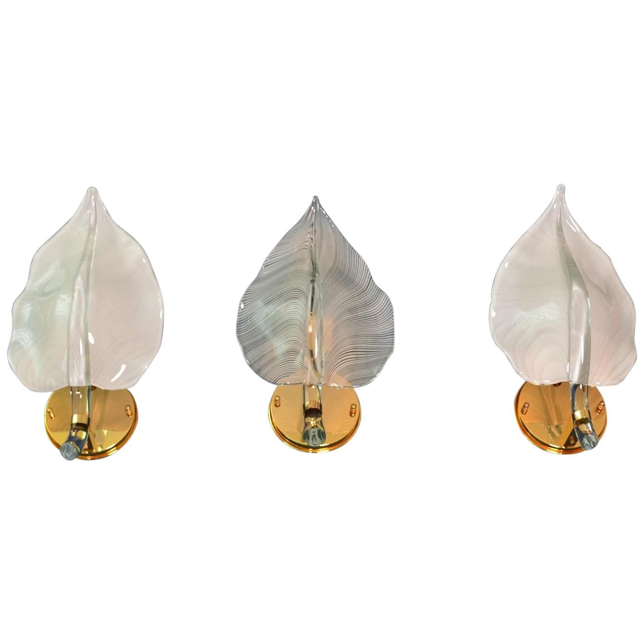 Italian Murano Brass and Crystal Glass Wall Sconces, Set of Three