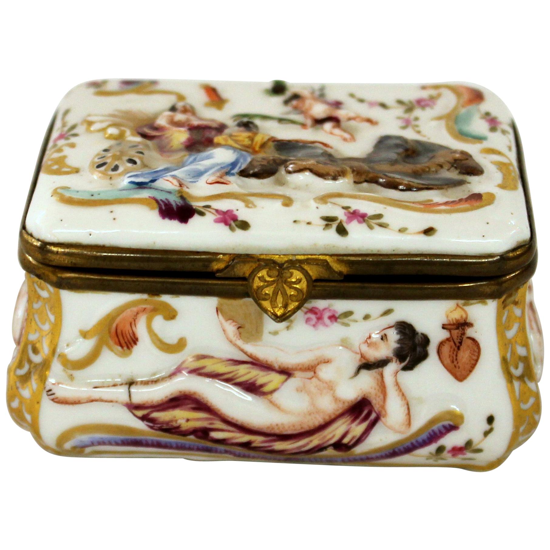 Antique Capodimonte-Type Hand Painted Bas Relief Hinged Box
