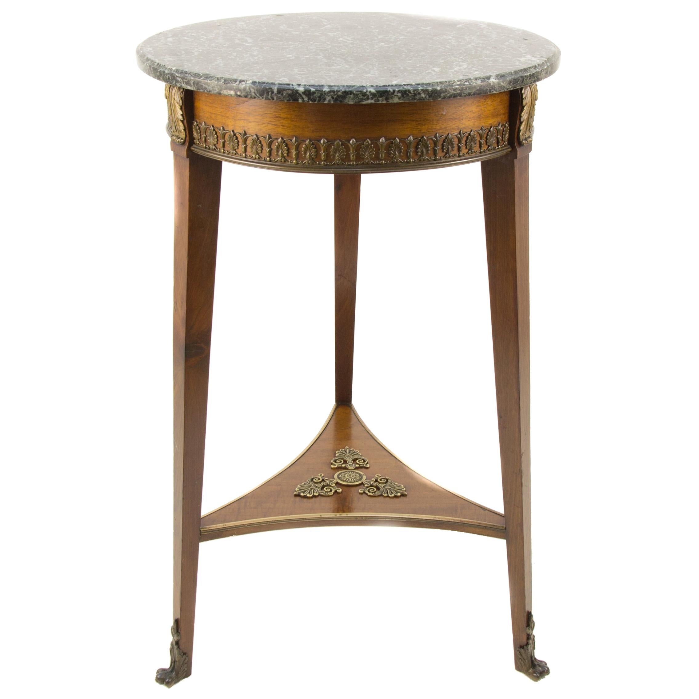 French Empire Style Dark Green Marble Top and Walnut and Bronze Side Table