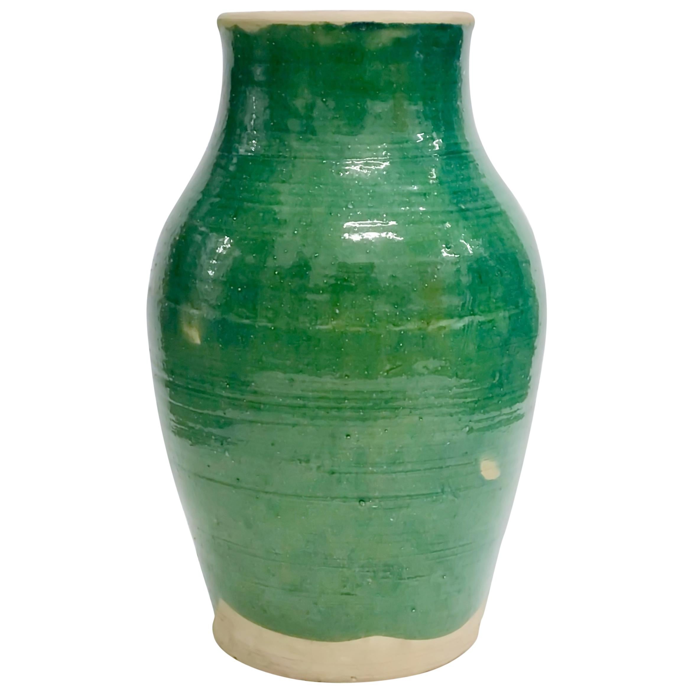 Large Handmade Rustic Farmhouse Blue-Green Glazed Terracotta Clay Pots Jar  For Sale