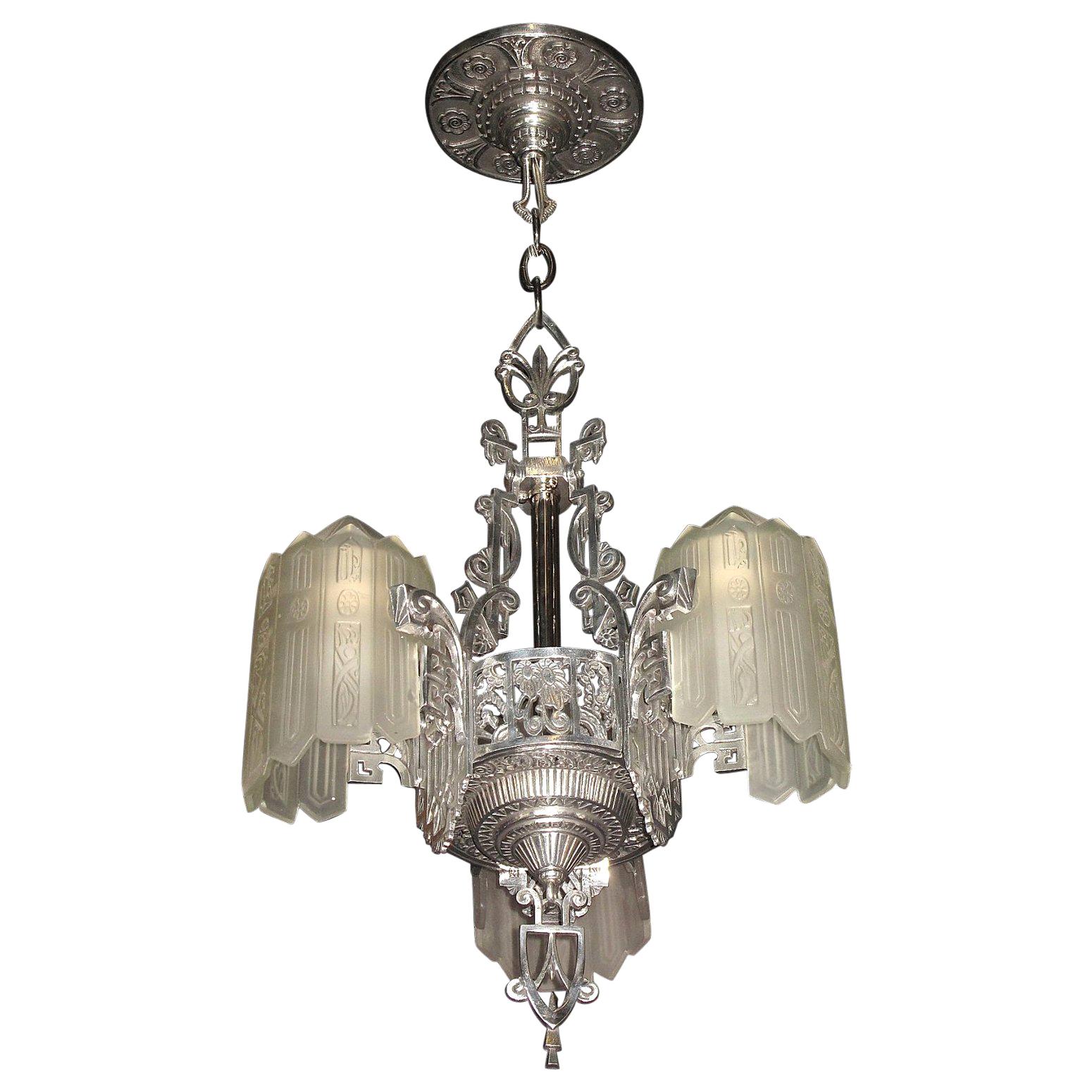 Glorious Three Shade Art Deco Chandelier, Late 1920s For Sale