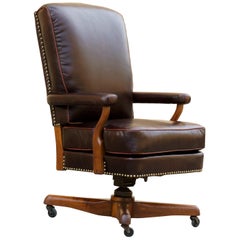 Antique Leather and Walnut Armchair, Refinished