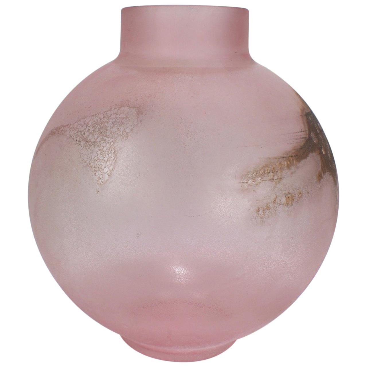 Huge Cenedese Pink Scavo Spherical or Globe Shaped Murano Glass Vase For Sale