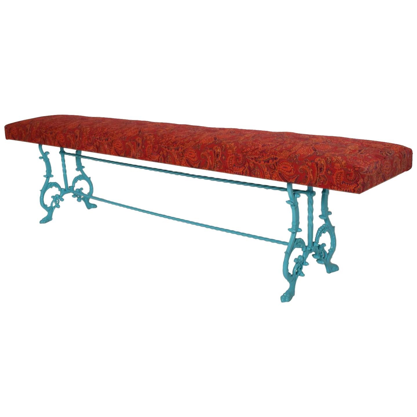 
Hollywood Regency Wrought Iron Bench New Upholstery.
Made in the USA circa the 1970s.
New upholstery in dominant red color with decorative pattern.
The wrought iron base has been painted in a light blue.
Dimensions: 72