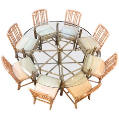 Round McGuire Bamboo and Glass Dining Table With Ten Chairs
