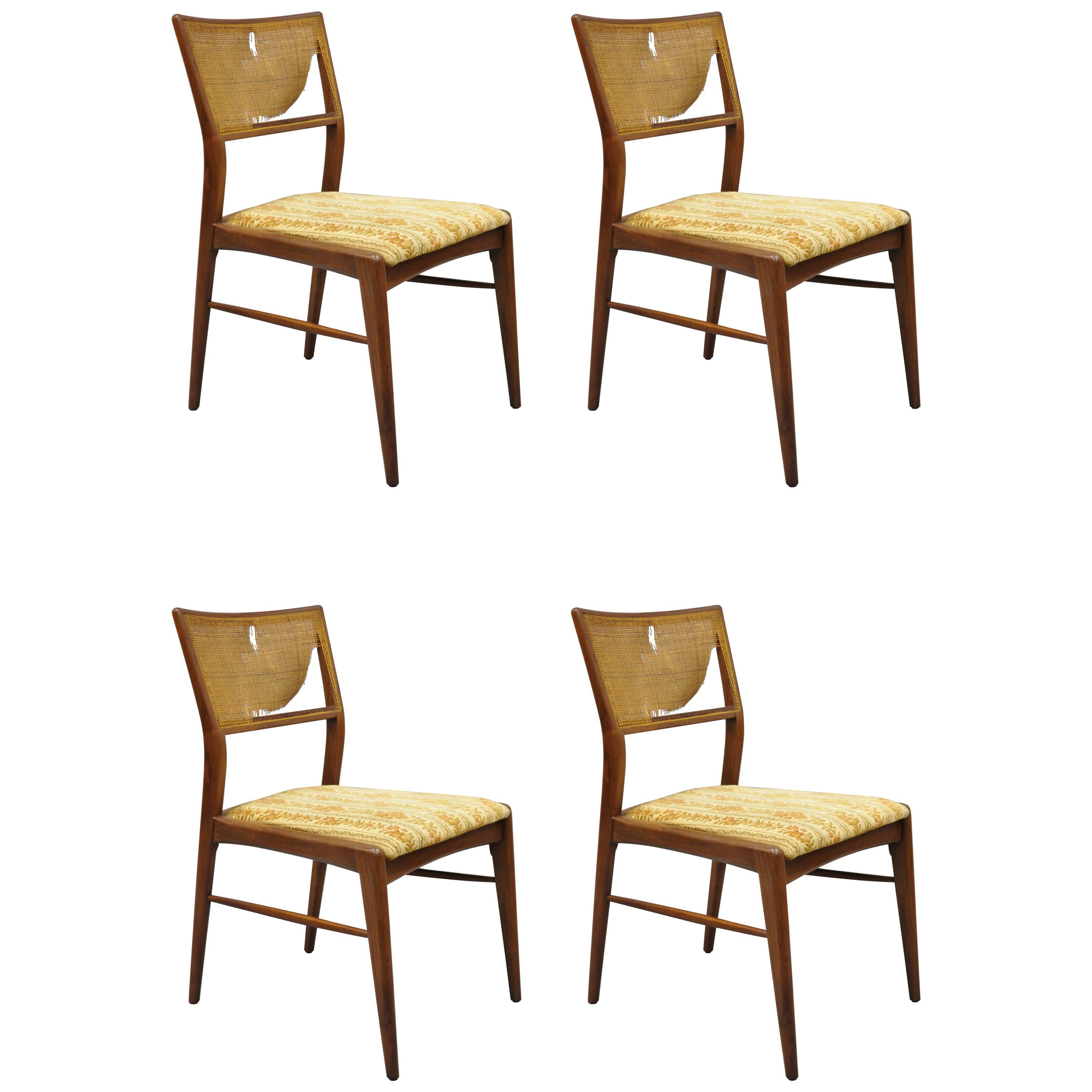 4 Danish MCM Walnut Cane Back Dining Chairs after TH Robsjohn Gibbings For Sale