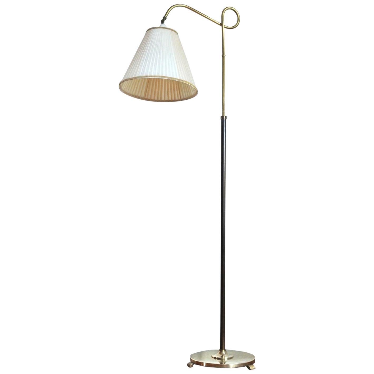 Art Deco Floor Lamp in Brass and Browned Brass with Original Shade